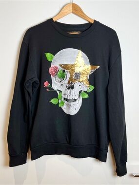 Zara Black Skull Graphic Crewneck w/ Rose & Reversible Gold/Silver Sequin Star M